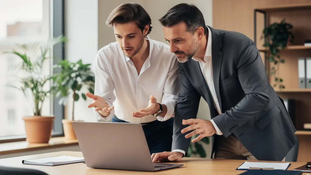 Consultant et client côte à côte analysant des données sur écran