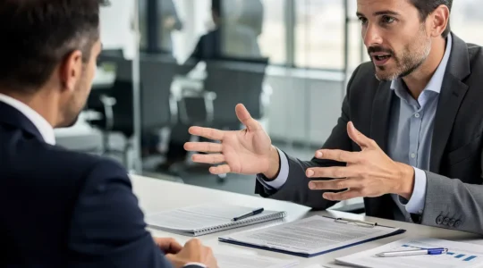 Professionnels en discussion autour d'une table lors d'une réunion de dialogue social