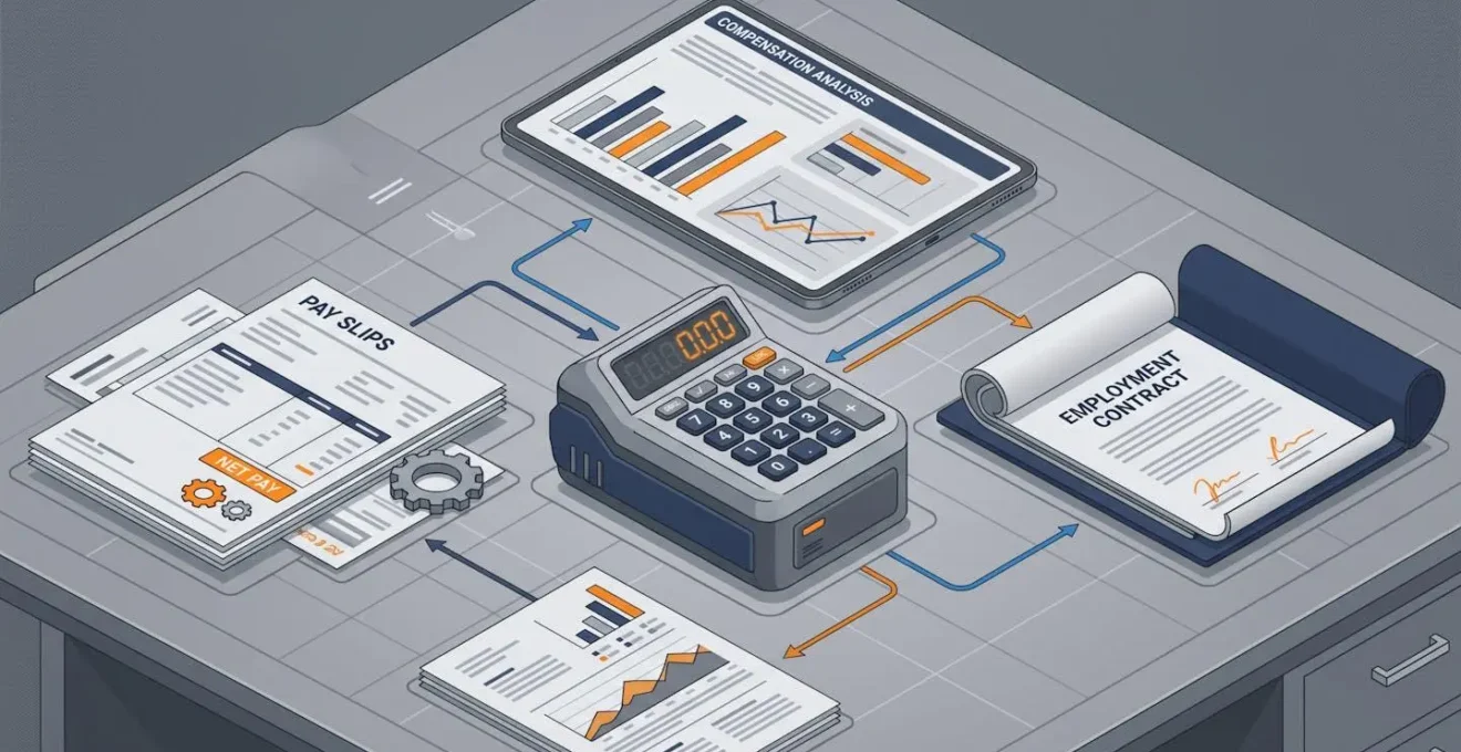 Bureau avec documents et calculatrice pour préparer une négociation