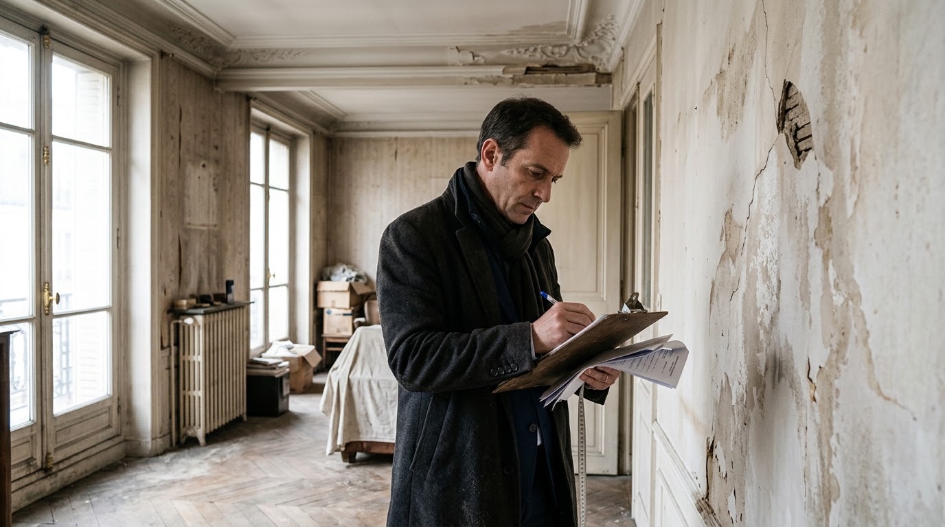 Un huissier photographie un dégât des eaux lors d'un constat en urgence.