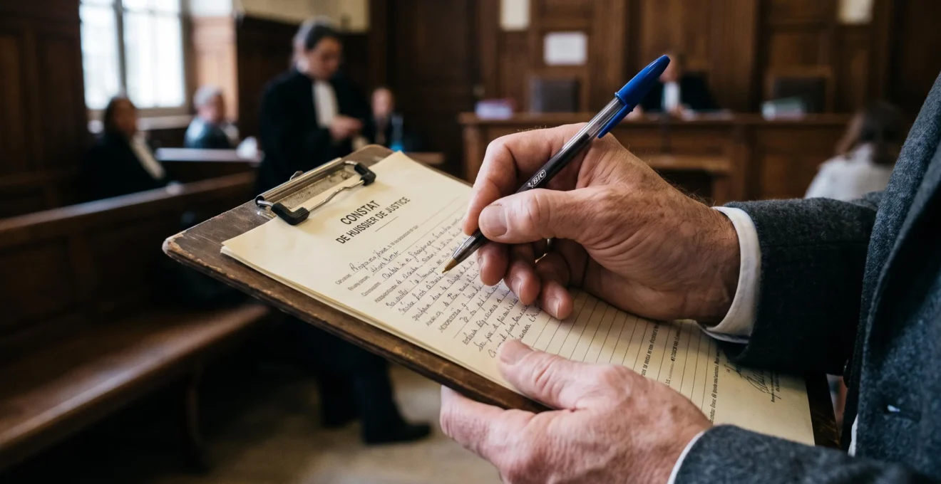 Les mains d'un huissier rédigent un constat sur un formulaire officiel.